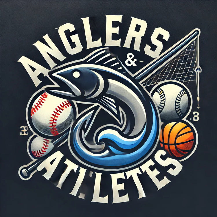 Text that says Anglers & Athletes with a picture of a fish, fishing pole, softball, baseball, basketball, and fishing net, this portrays the sporting goods department collection 