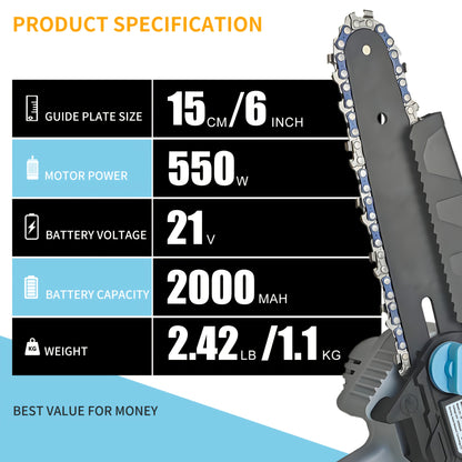 6-Inch Mini Cordless Chain Saw Kit with 2000mAh Rechargeable Battery