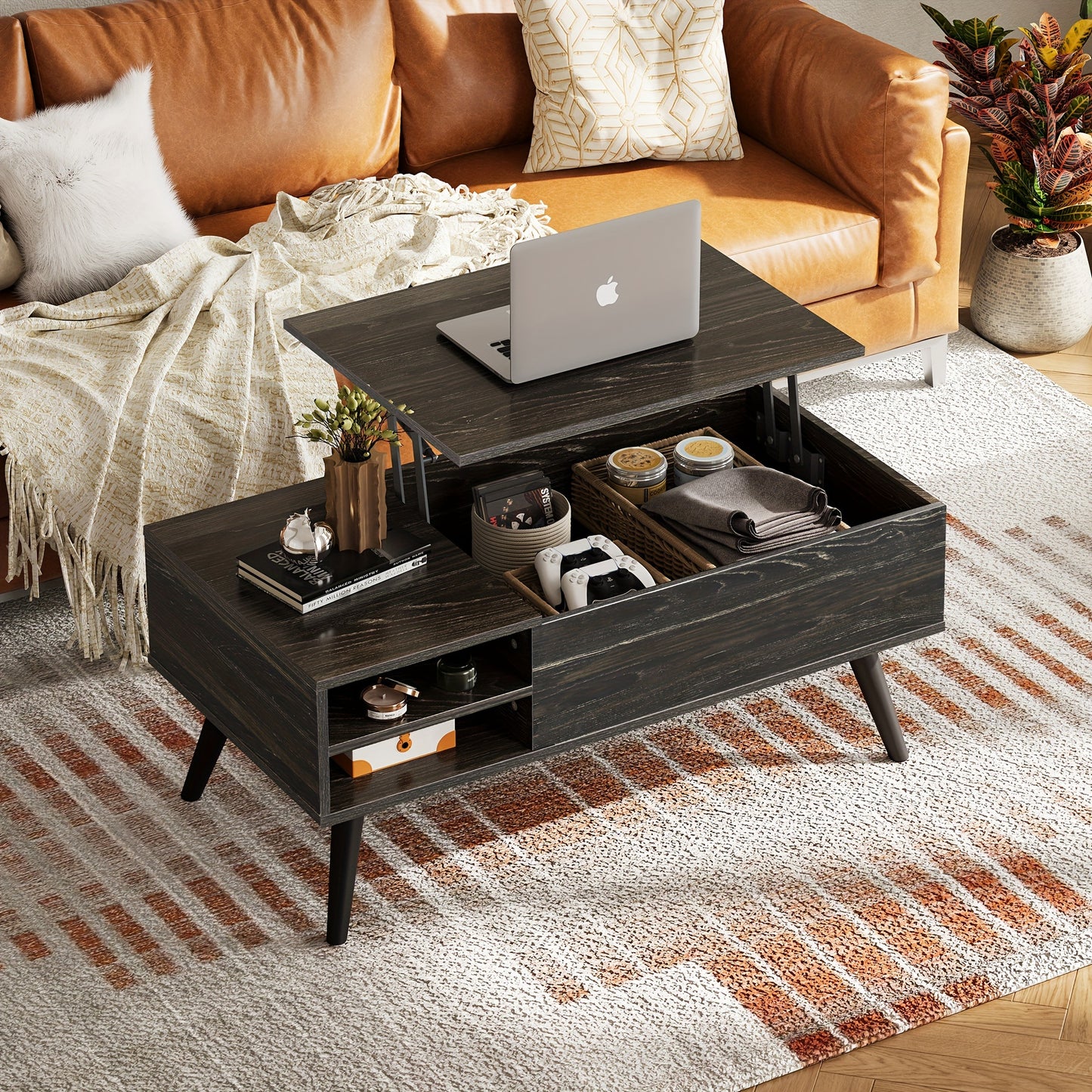 Wood Lift Top Coffee Table - With Hidden Compartment And Adjustable Storage Shelf