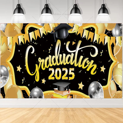 2025 Graduation Theme Photography Background Party Decoration Bachelor Hat Pink and Gold Glitter Balloons Banner Gift Photo Prop