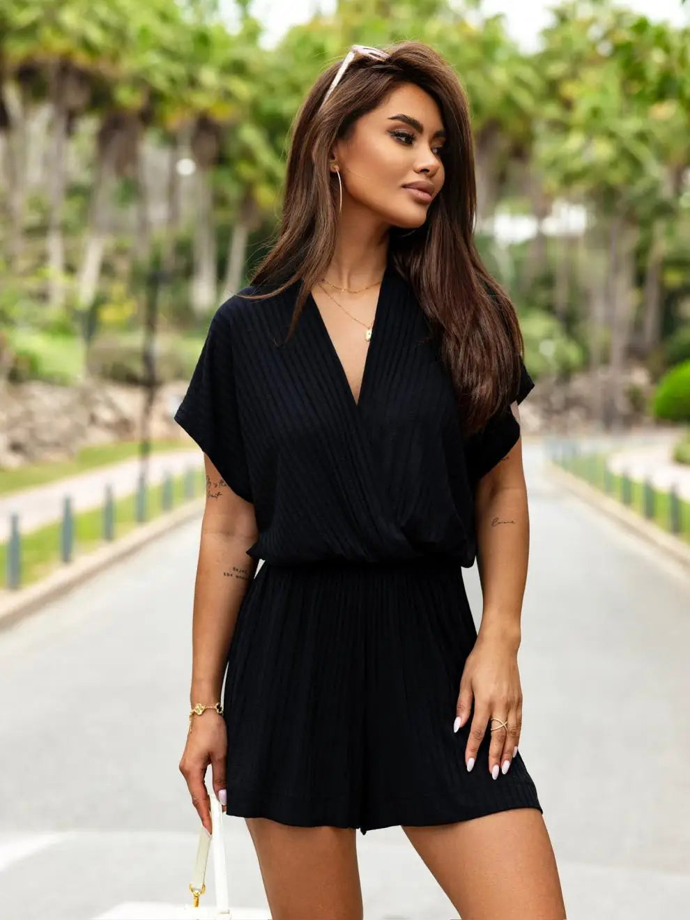 Women's Short Sleeved V-Neck Jumpsuit