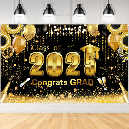 2025 Graduation Theme Photography Background Party Decoration Bachelor Hat Pink and Gold Glitter Balloons Banner Gift Photo Prop