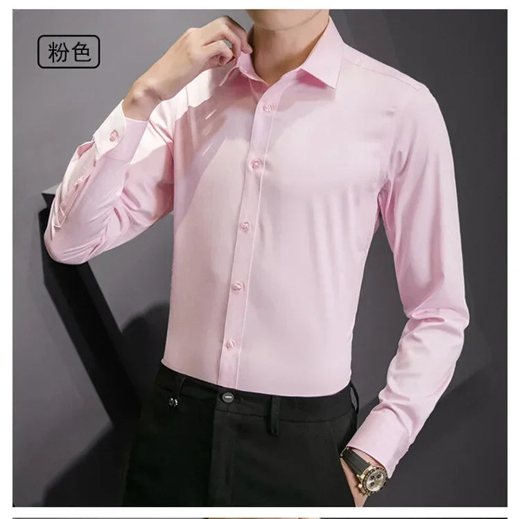 New Plus Size Men Solid Color Business Shirt Long Sleeve Shirt