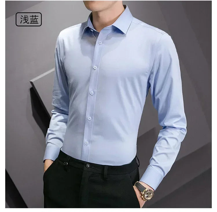 New Plus Size Men Solid Color Business Shirt Long Sleeve Shirt