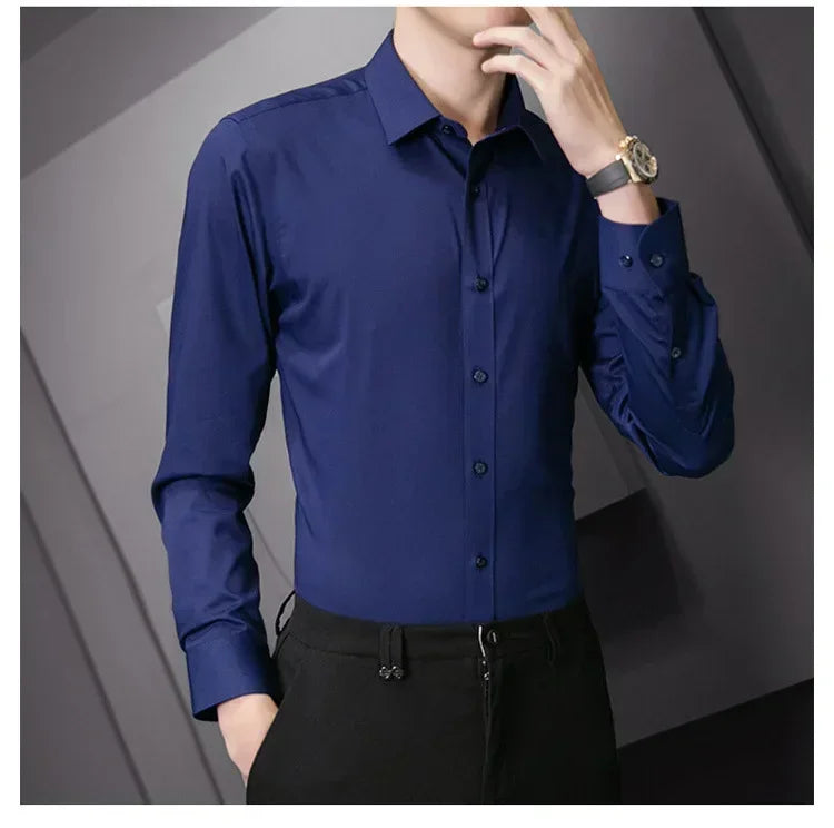 New Plus Size Men Solid Color Business Shirt Long Sleeve Shirt