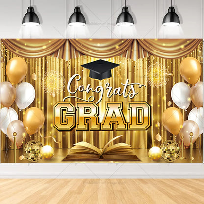 2025 Graduation Theme Photography Background Party Decoration Bachelor Hat Pink and Gold Glitter Balloons Banner Gift Photo Prop