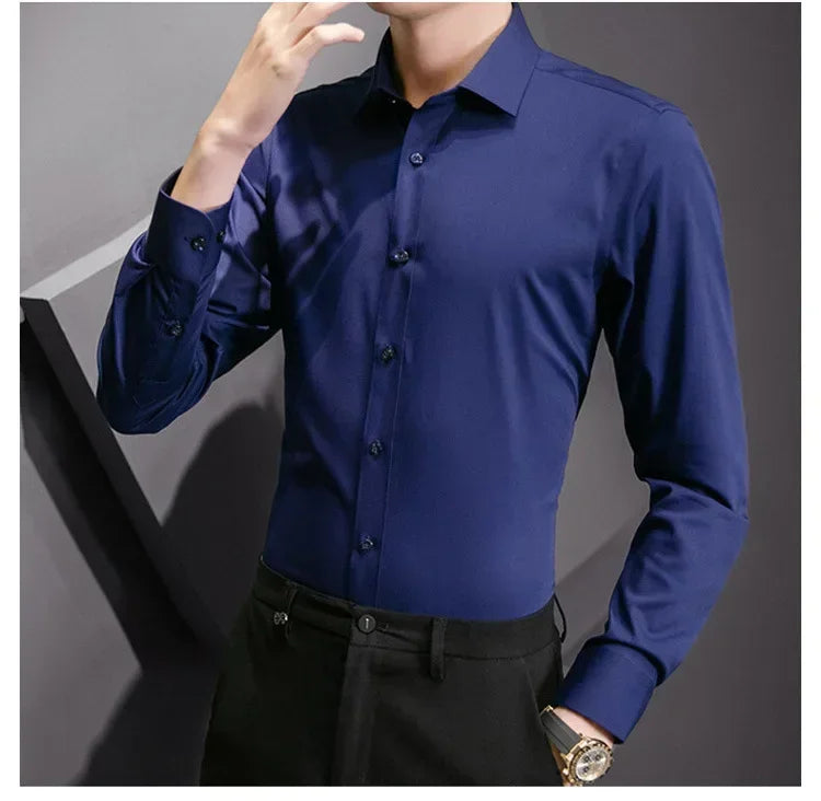 New Plus Size Men Solid Color Business Shirt Long Sleeve Shirt