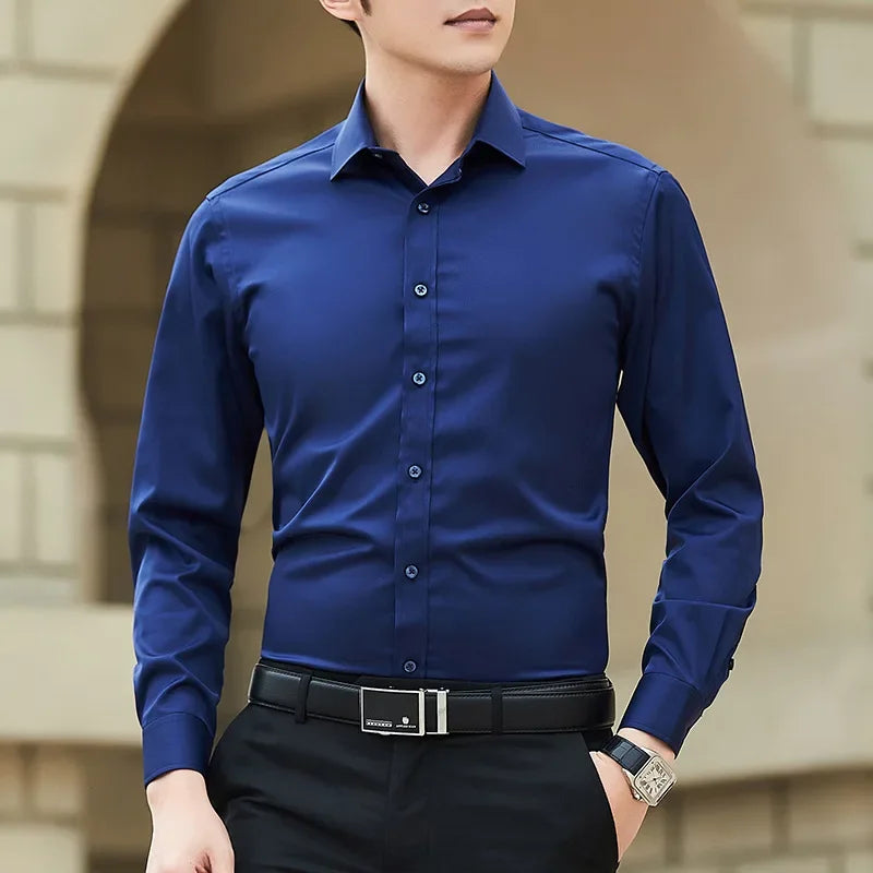 New Plus Size Men Solid Color Business Shirt Long Sleeve Shirt