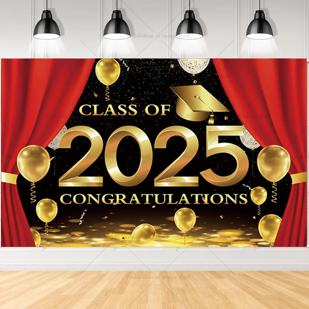 2025 Graduation Theme Photography Background Party Decoration Bachelor Hat Pink and Gold Glitter Balloons Banner Gift Photo Prop