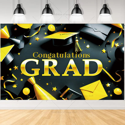 2025 Graduation Theme Photography Background Party Decoration Bachelor Hat Pink and Gold Glitter Balloons Banner Gift Photo Prop