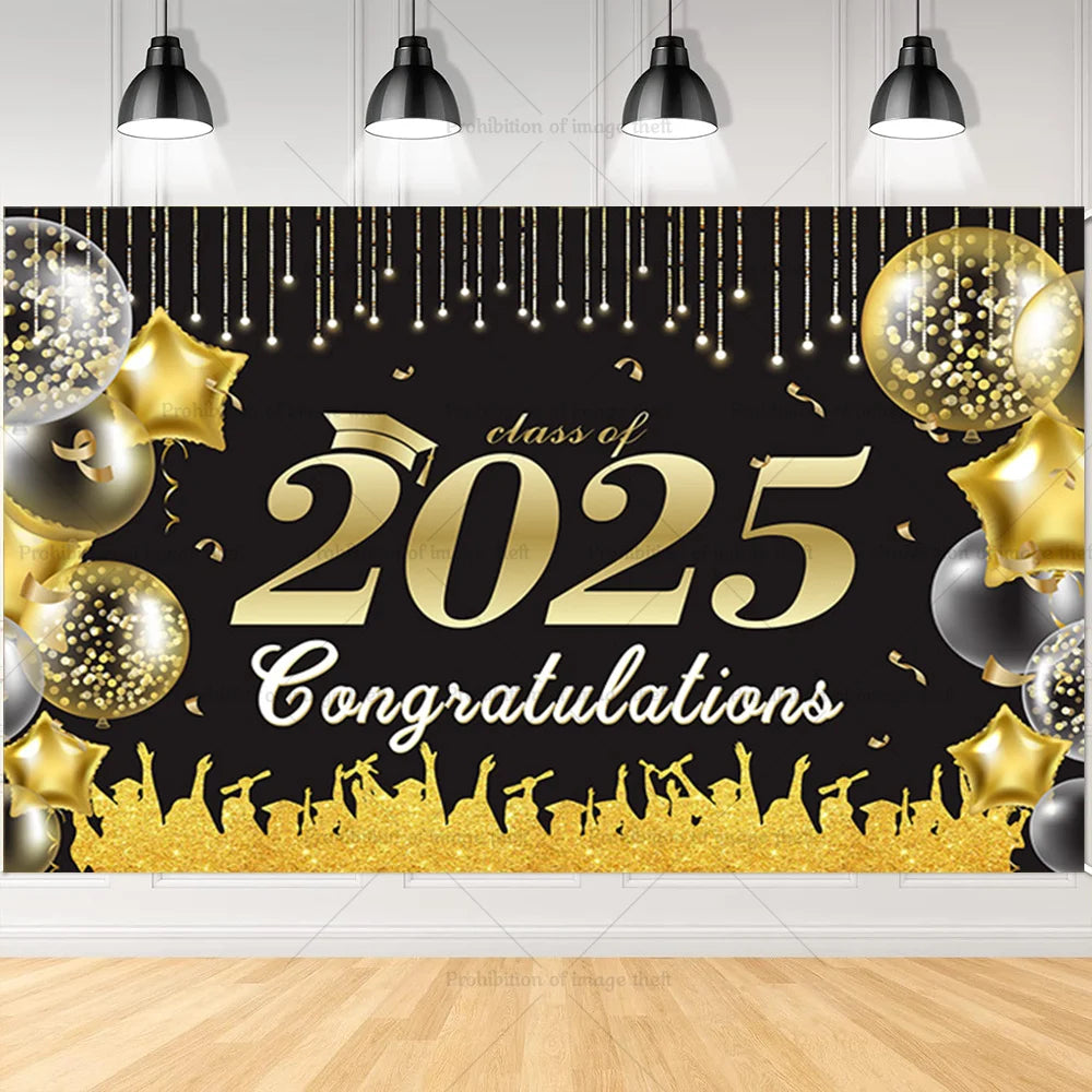 2025 Graduation Theme Photography Background Party Decoration Bachelor Hat Pink and Gold Glitter Balloons Banner Gift Photo Prop