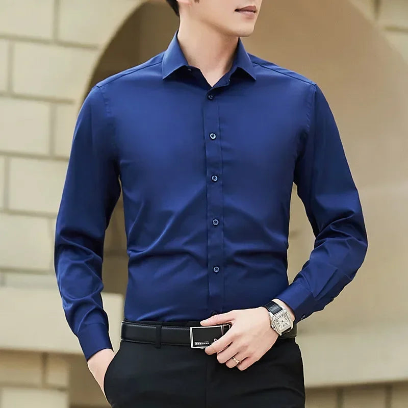 New Plus Size Men Solid Color Business Shirt Long Sleeve Shirt