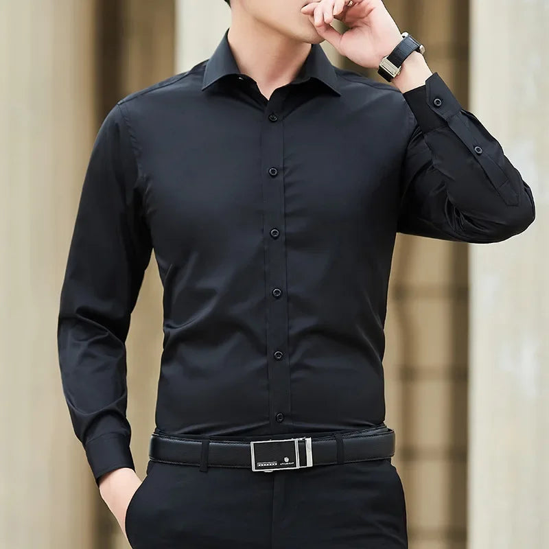 New Plus Size Men Solid Color Business Shirt Long Sleeve Shirt