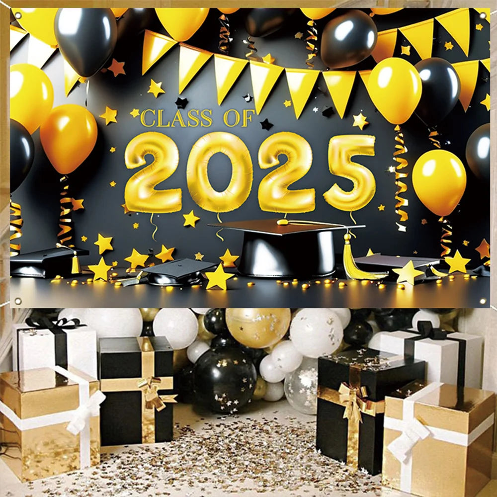 2025 Graduation Theme Photography Background Party Decoration Bachelor Hat Pink and Gold Glitter Balloons Banner Gift Photo Prop