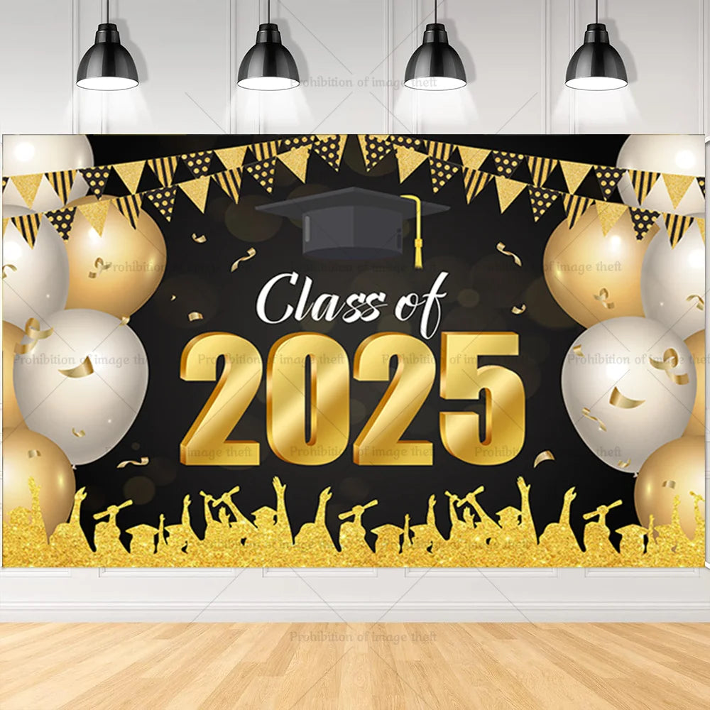 2025 Graduation Theme Photography Background Party Decoration Bachelor Hat Pink and Gold Glitter Balloons Banner Gift Photo Prop