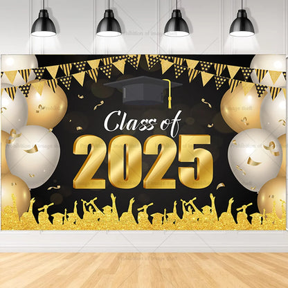 2025 Graduation Theme Photography Background Party Decoration Bachelor Hat Pink and Gold Glitter Balloons Banner Gift Photo Prop