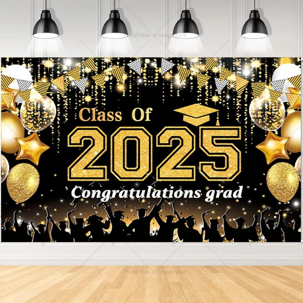 2025 Graduation Theme Photography Background Party Decoration Bachelor Hat Pink and Gold Glitter Balloons Banner Gift Photo Prop