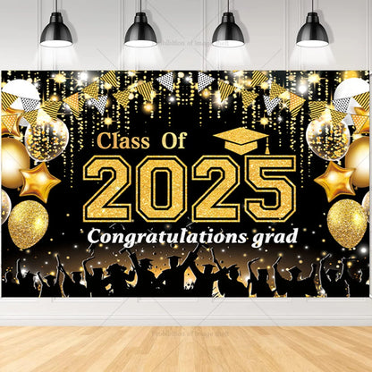 2025 Graduation Theme Photography Background Party Decoration Bachelor Hat Pink and Gold Glitter Balloons Banner Gift Photo Prop