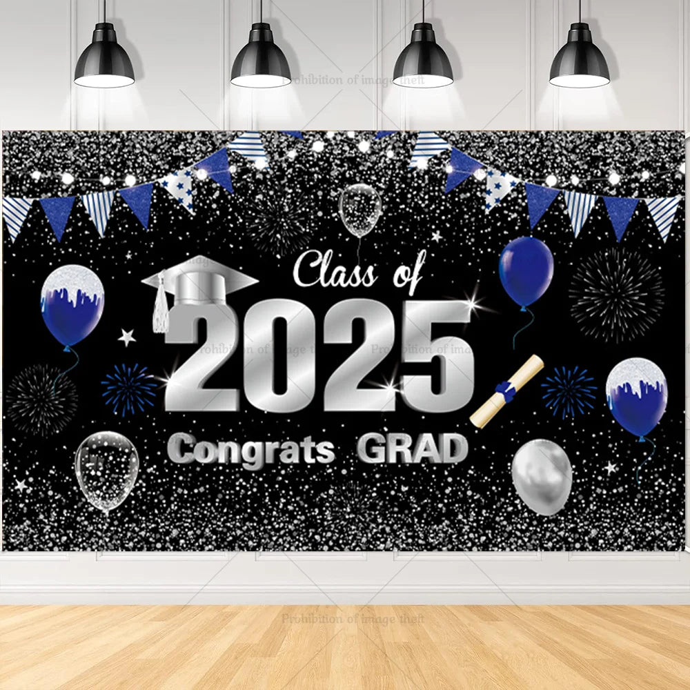 2025 Graduation Theme Photography Background Party Decoration Bachelor Hat Pink and Gold Glitter Balloons Banner Gift Photo Prop