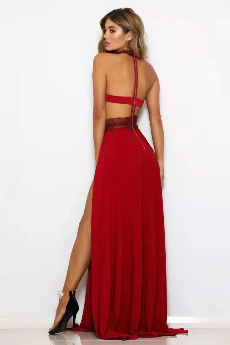 Lace Backless High-Split Evening Dress