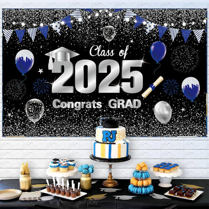 2025 Graduation Theme Photography Background Party Decoration Bachelor Hat Pink and Gold Glitter Balloons Banner Gift Photo Prop