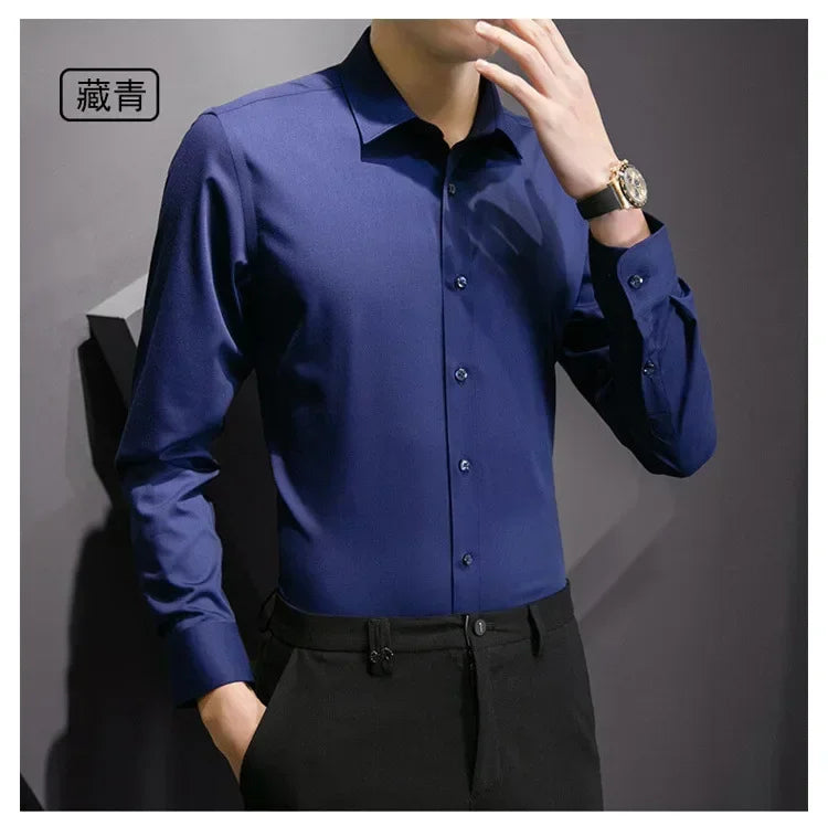 New Plus Size Men Solid Color Business Shirt Long Sleeve Shirt