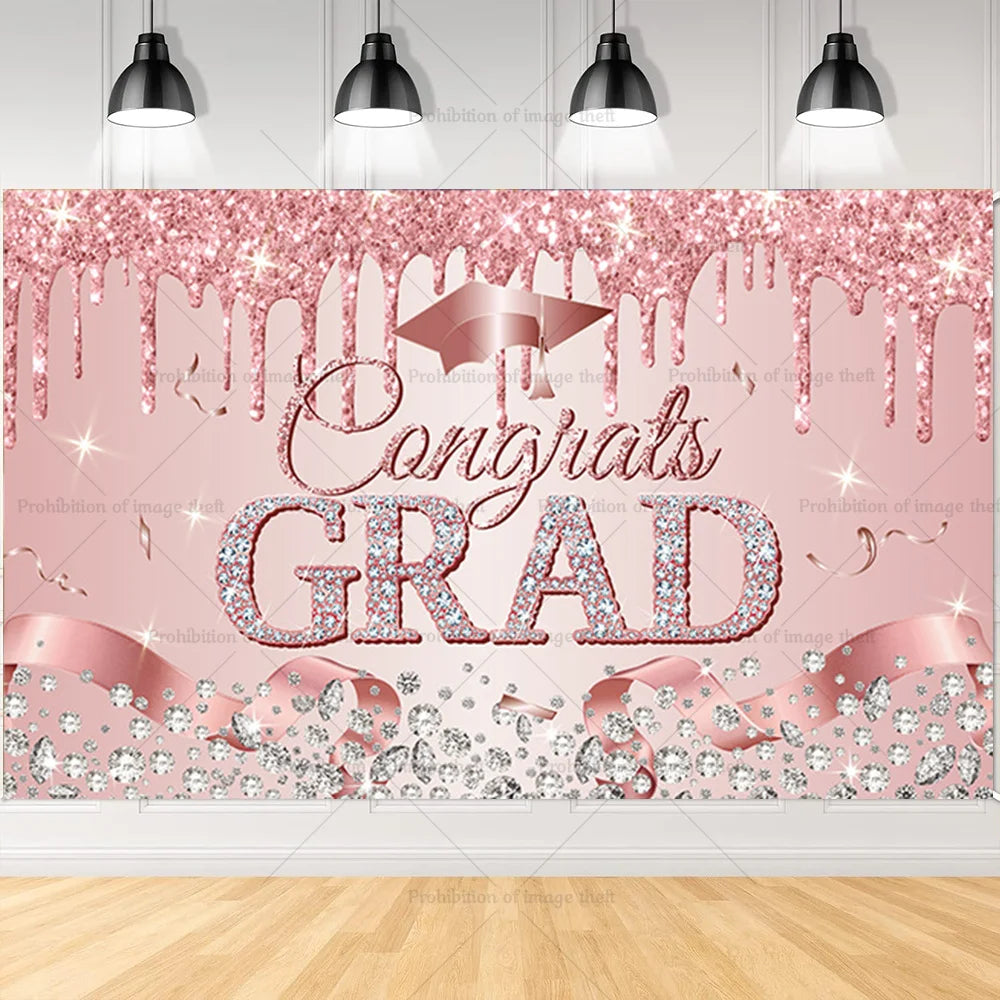 2025 Graduation Theme Photography Background Party Decoration Bachelor Hat Pink and Gold Glitter Balloons Banner Gift Photo Prop