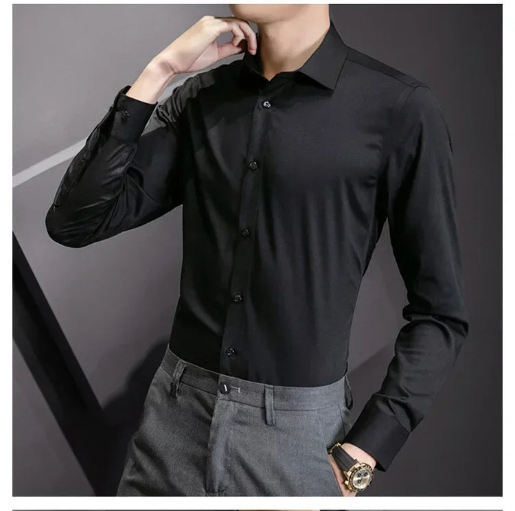 New Plus Size Men Solid Color Business Shirt Long Sleeve Shirt