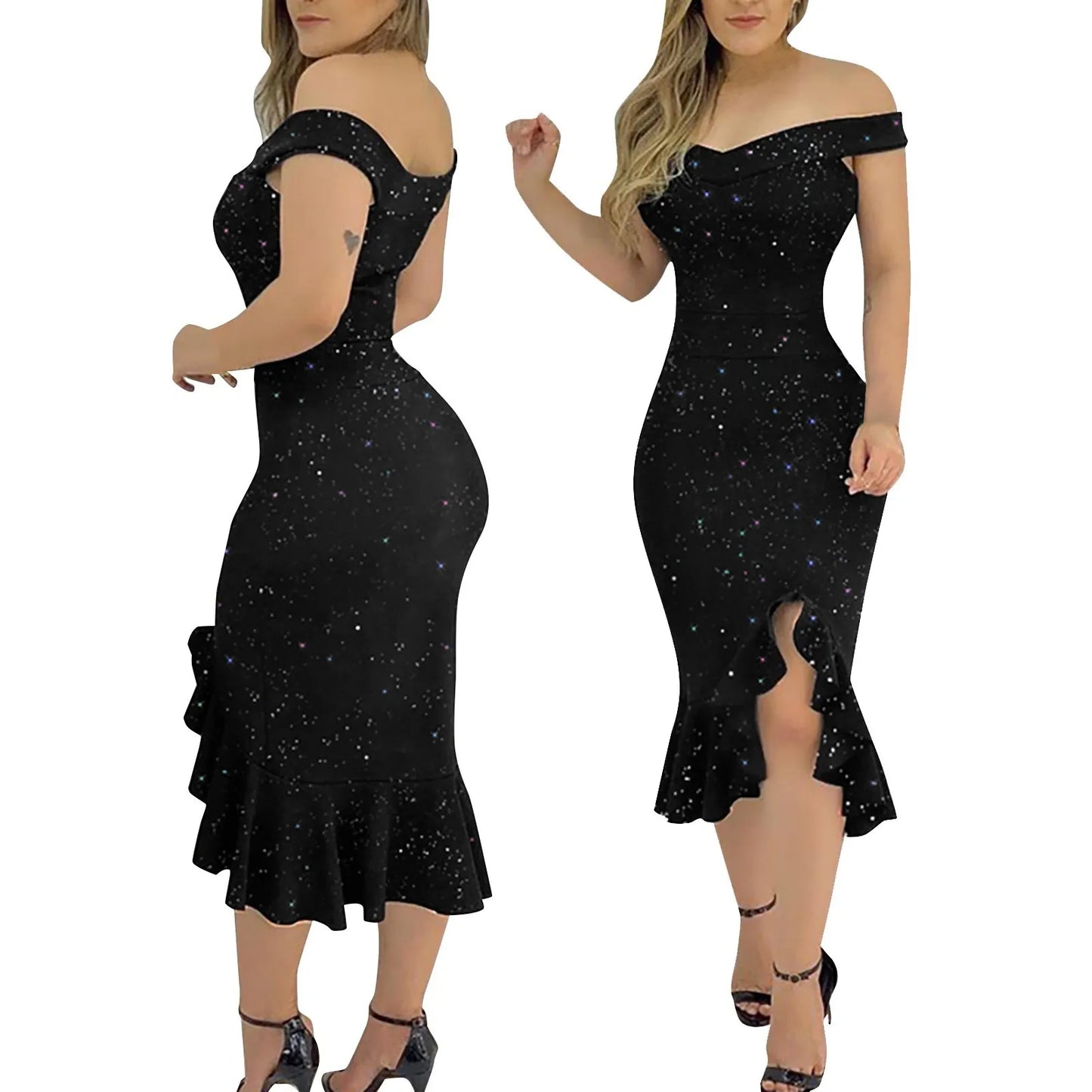 Women's Off Shoulder Short Sleeve Sequin Ruffle Dresses