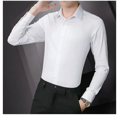 New Plus Size Men Solid Color Business Shirt Long Sleeve Shirt