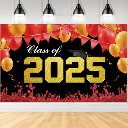 2025 Graduation Theme Photography Background Party Decoration Bachelor Hat Pink and Gold Glitter Balloons Banner Gift Photo Prop