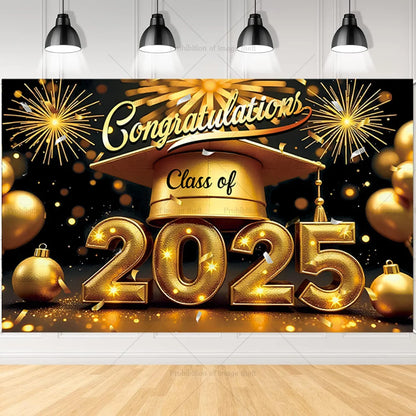 2025 Graduation Theme Photography Background Party Decoration Bachelor Hat Pink and Gold Glitter Balloons Banner Gift Photo Prop