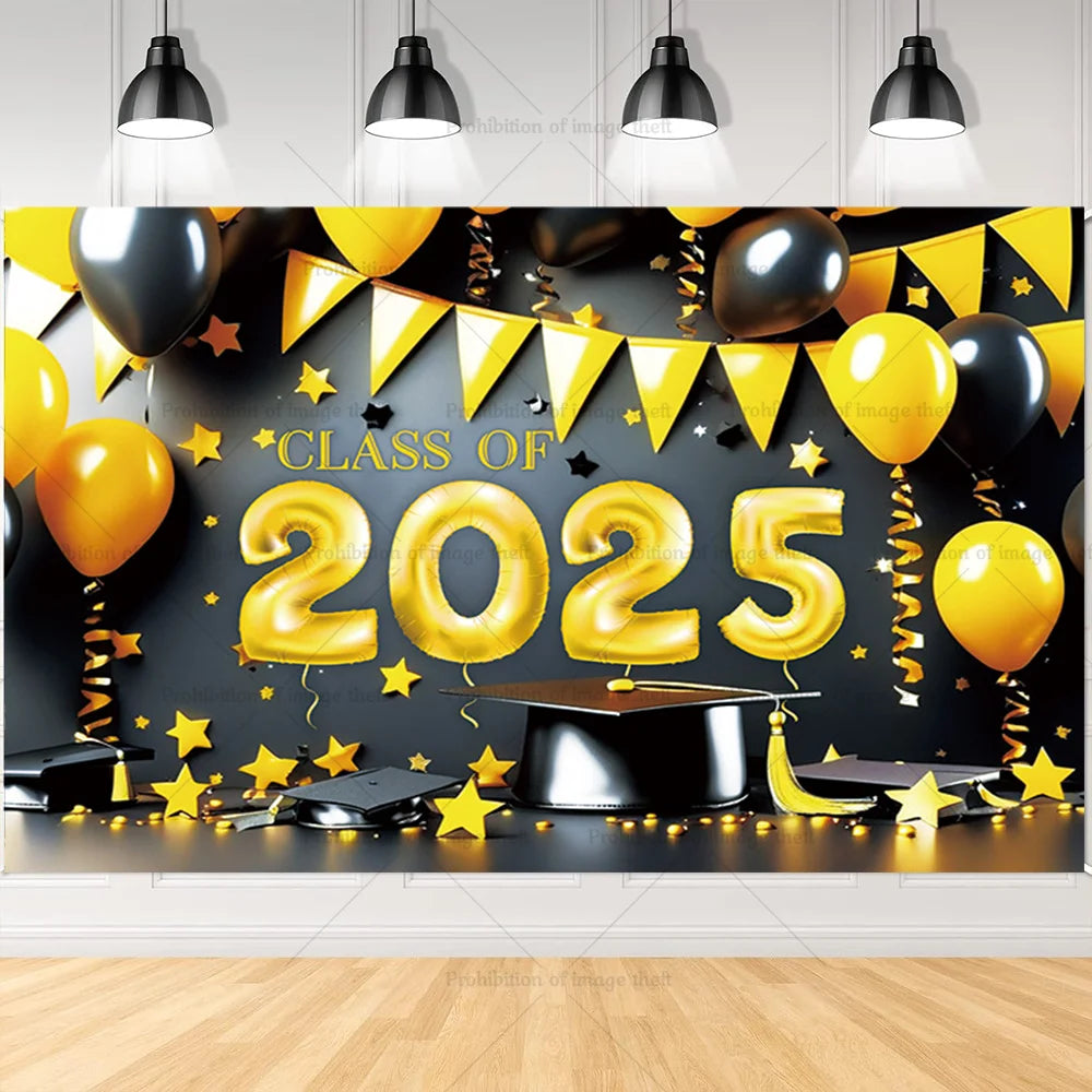 2025 Graduation Theme Photography Background Party Decoration Bachelor Hat Pink and Gold Glitter Balloons Banner Gift Photo Prop