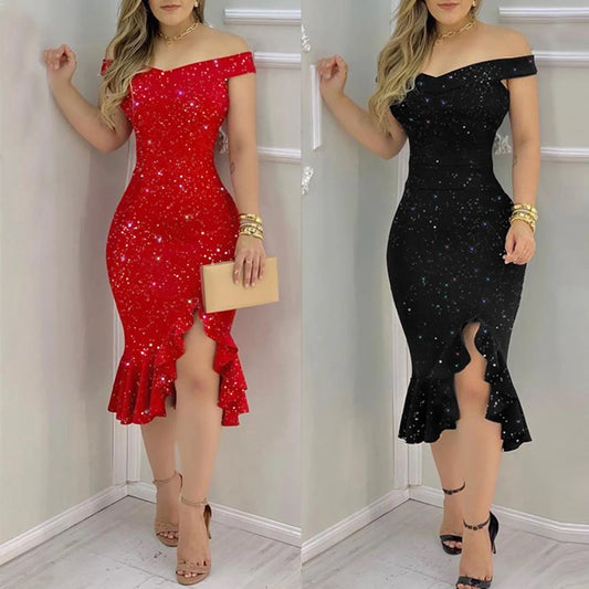 Women's Off Shoulder Short Sleeve Sequin Ruffle Dresses