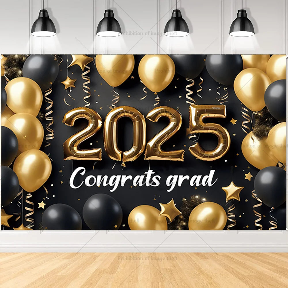 2025 Graduation Theme Photography Background Party Decoration Bachelor Hat Pink and Gold Glitter Balloons Banner Gift Photo Prop