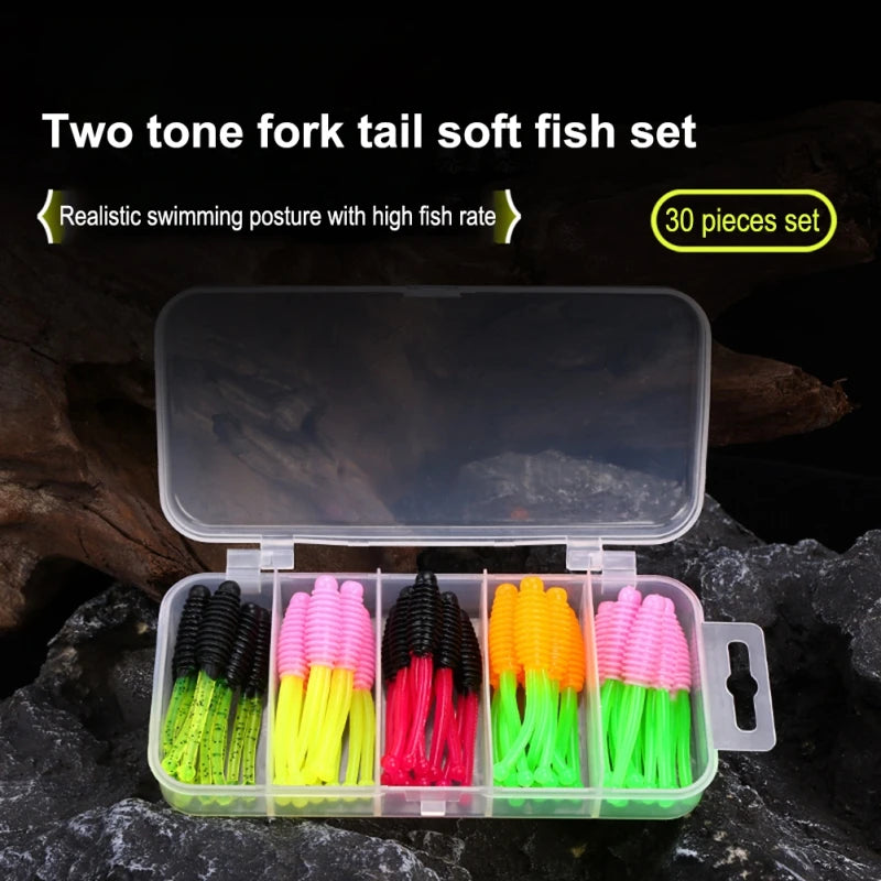 30pcs Two-color Shad Soft Lure Fork Tail Fish Jig