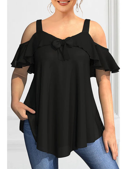 Elegant Cold Shoulder Ruffles Tops Tee