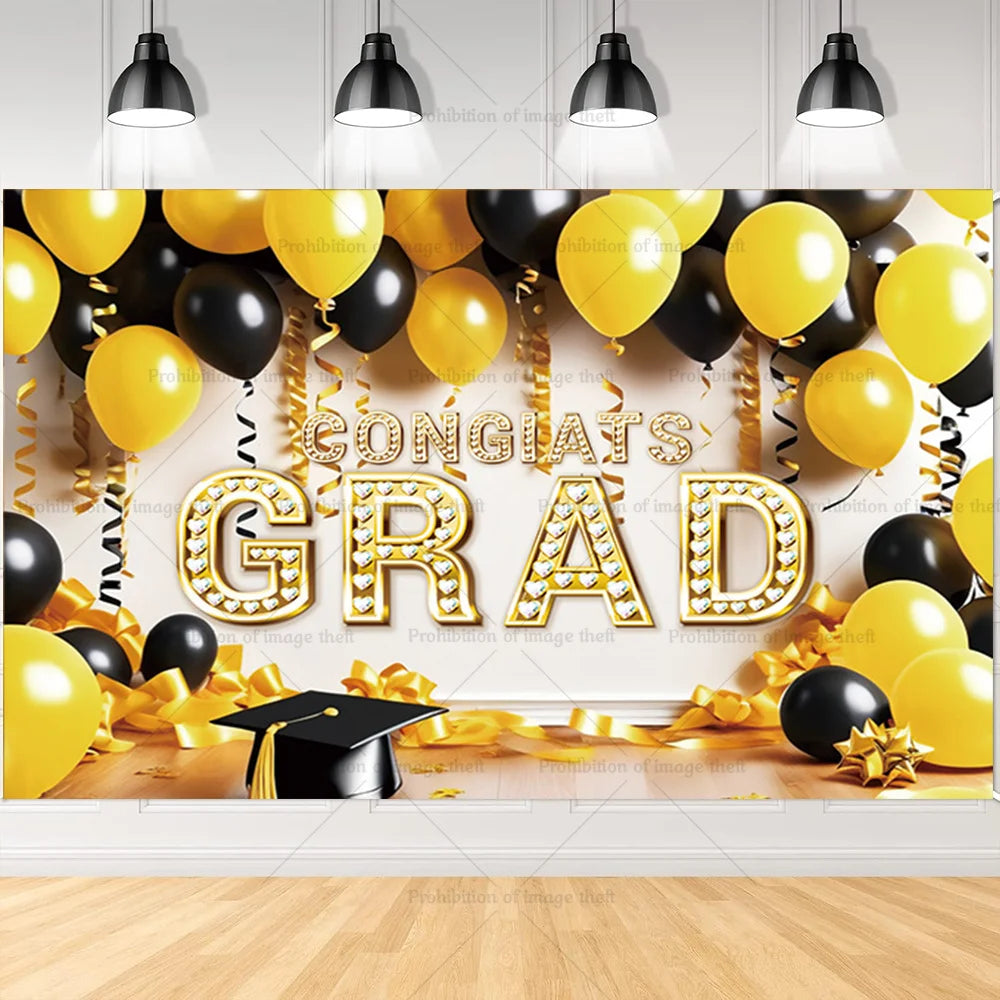 2025 Graduation Theme Photography Background Party Decoration Bachelor Hat Pink and Gold Glitter Balloons Banner Gift Photo Prop