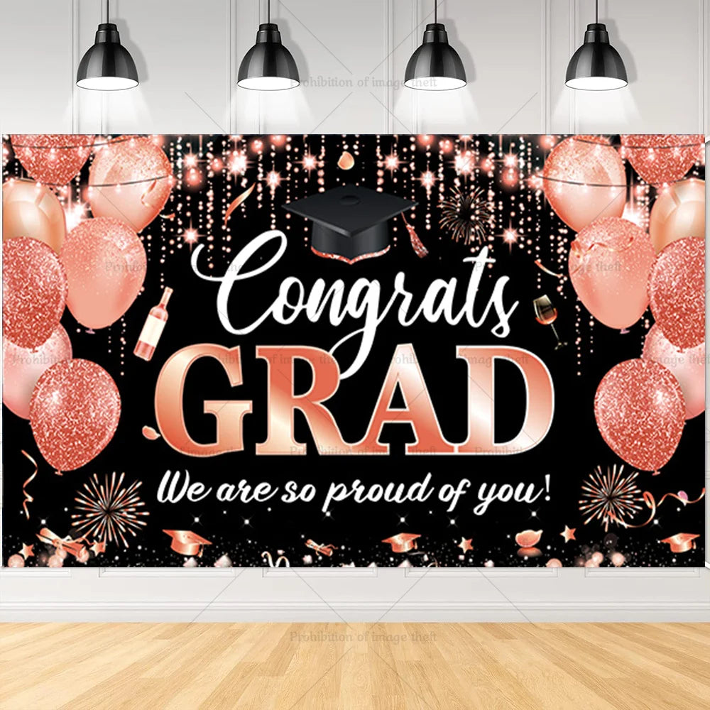 2025 Graduation Theme Photography Background Party Decoration Bachelor Hat Pink and Gold Glitter Balloons Banner Gift Photo Prop