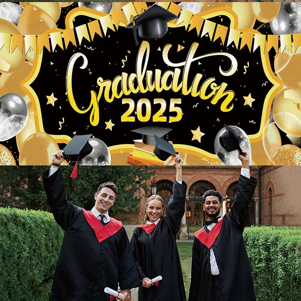 2025 Graduation Theme Photography Background Party Decoration Bachelor Hat Pink and Gold Glitter Balloons Banner Gift Photo Prop