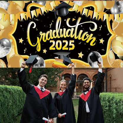 2025 Graduation Theme Photography Background Party Decoration Bachelor Hat Pink and Gold Glitter Balloons Banner Gift Photo Prop