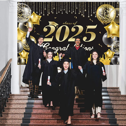 2025 Graduation Theme Photography Background Party Decoration Bachelor Hat Pink and Gold Glitter Balloons Banner Gift Photo Prop