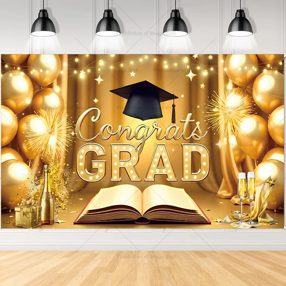 2025 Graduation Theme Photography Background Party Decoration Bachelor Hat Pink and Gold Glitter Balloons Banner Gift Photo Prop