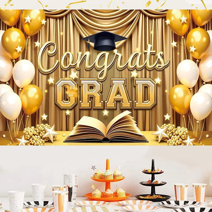 2025 Graduation Theme Photography Background Party Decoration Bachelor Hat Pink and Gold Glitter Balloons Banner Gift Photo Prop