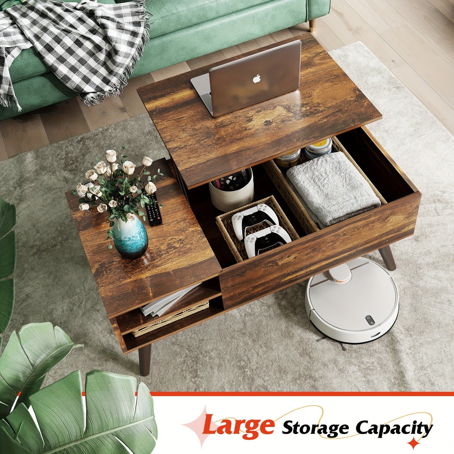 Wood Lift Top Coffee Table - With Hidden Compartment And Adjustable Storage Shelf