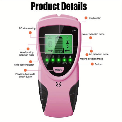 Pink 5 In 1 Stud Detector With Intelligent Microprocessor Chip And HD LCD Display