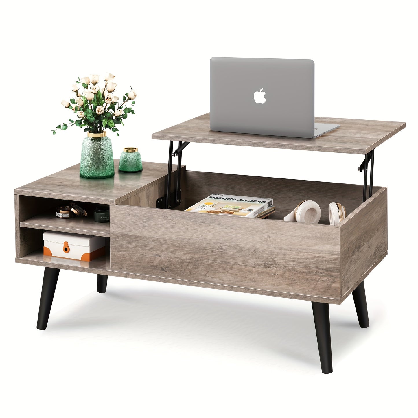 Wood Lift Top Coffee Table - With Hidden Compartment And Adjustable Storage Shelf