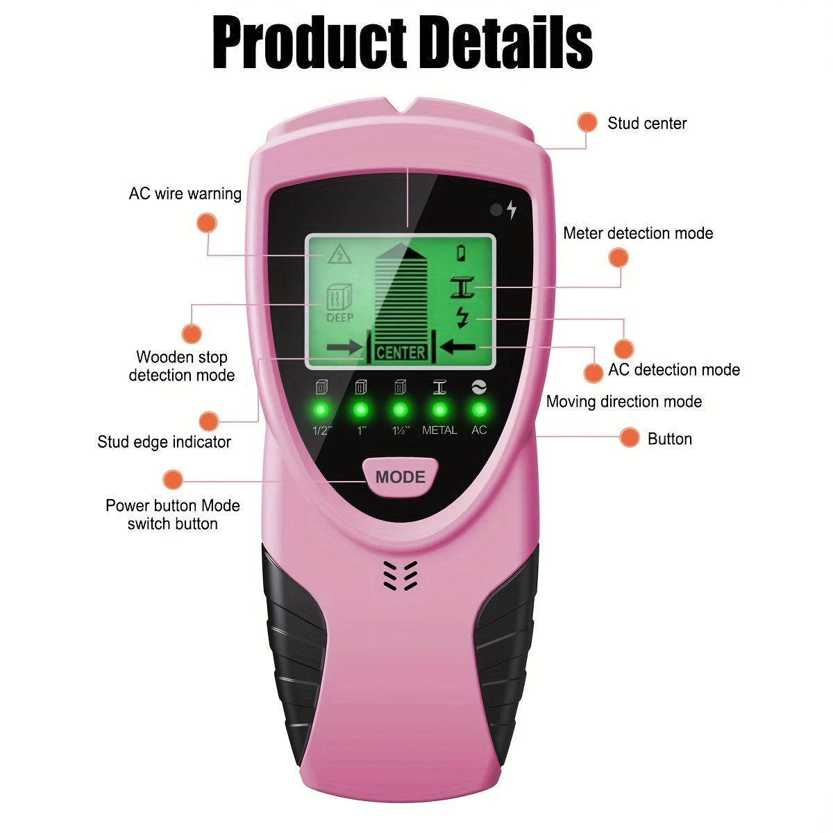 Pink 5 In 1 Stud Detector With Intelligent Microprocessor Chip And HD LCD Display